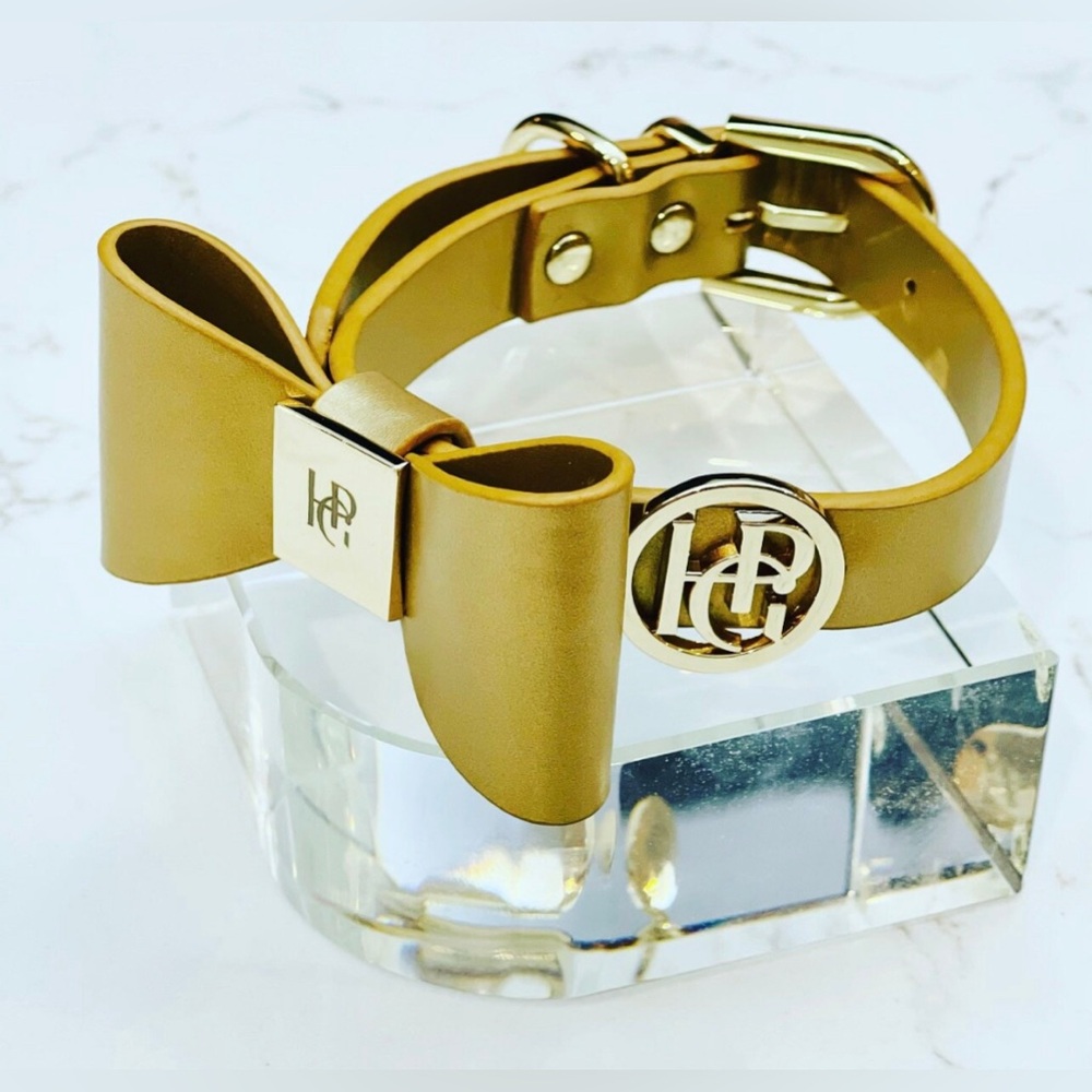 Gold Leather Dog Collar, Gold Hardware and Removable Bow, X-Small